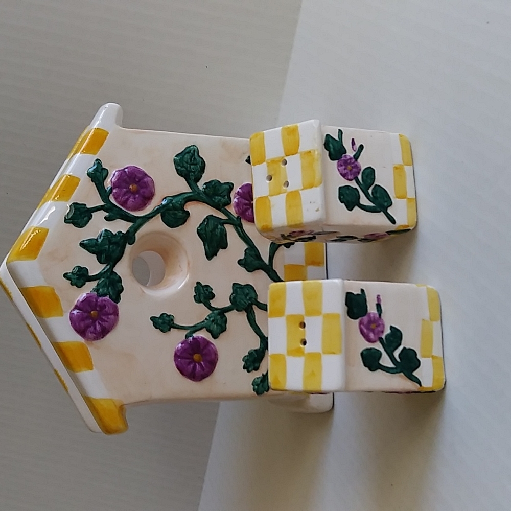 Floral Ceramic Birdhouse Napkin Holder with Salt & Papper Shakers Set of 3